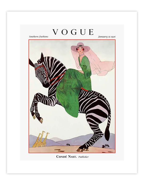 Vogue Cover January 1926, Woman Riding Zebra Art Print | Pop