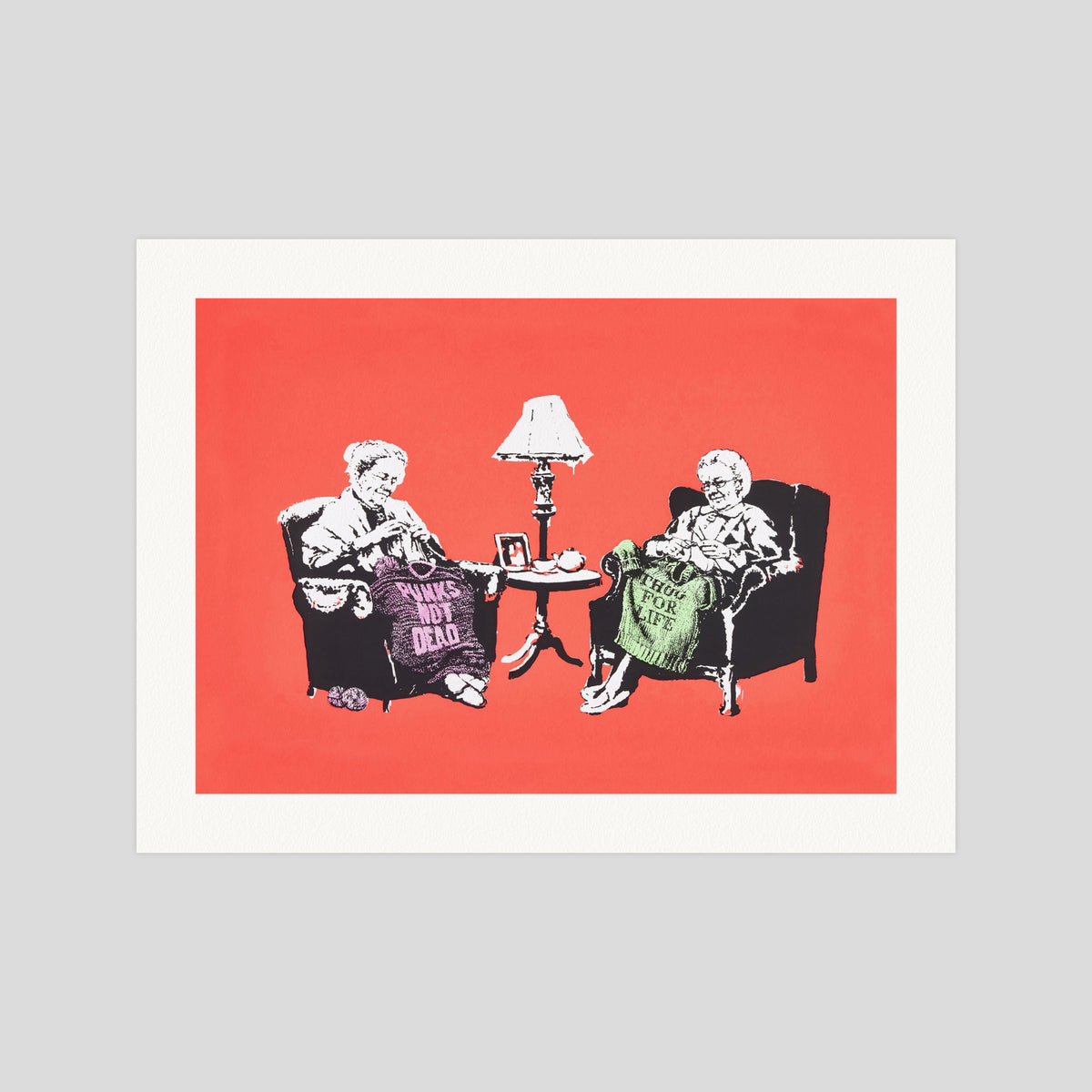 Banksy Grannies Red gallery quality art print produced using 100% cotton rag textured art paper and pigment based archival inks in New Zealand.