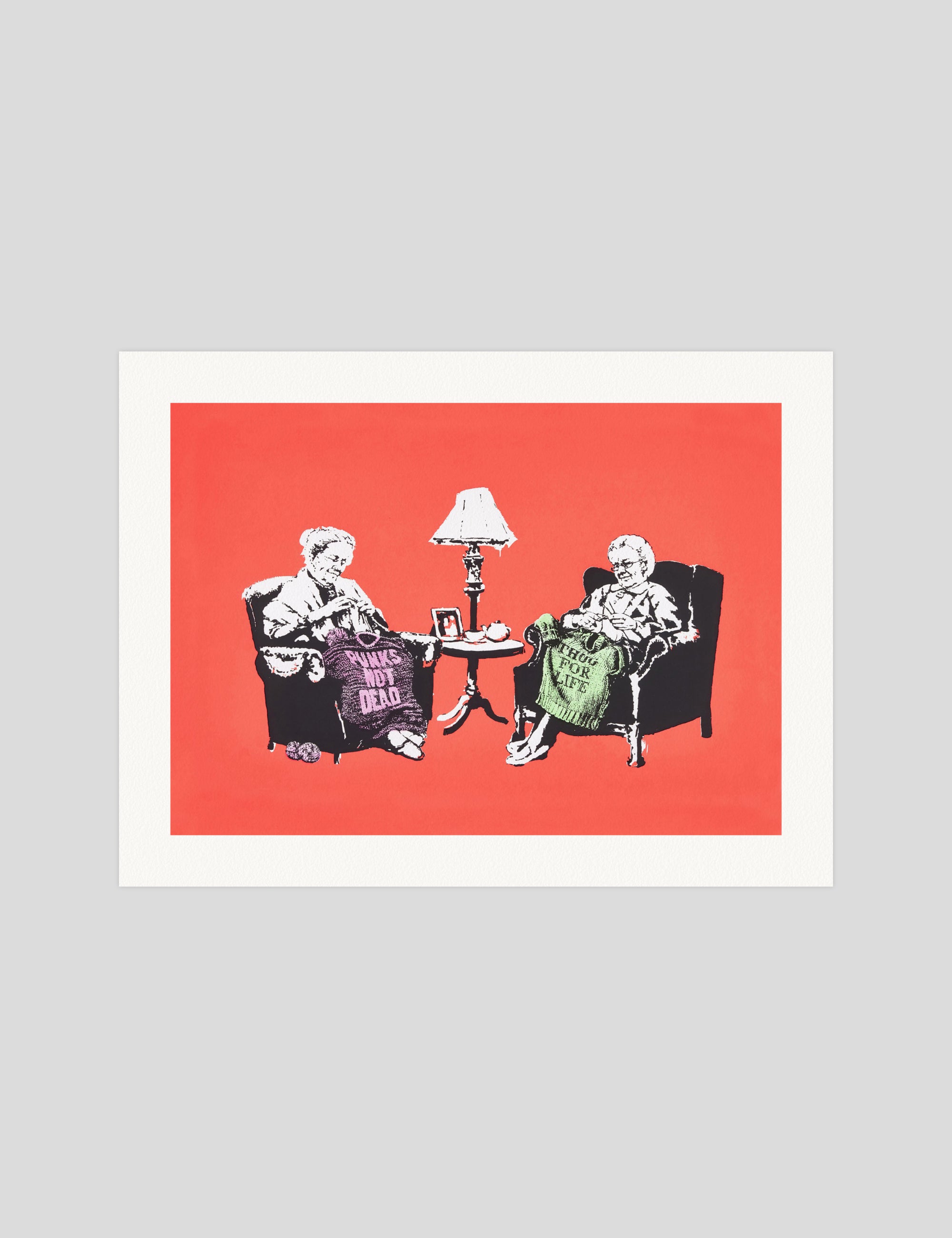 Banksy Grannies Red gallery quality art print produced using 100% cotton rag textured art paper and pigment based archival inks in New Zealand.