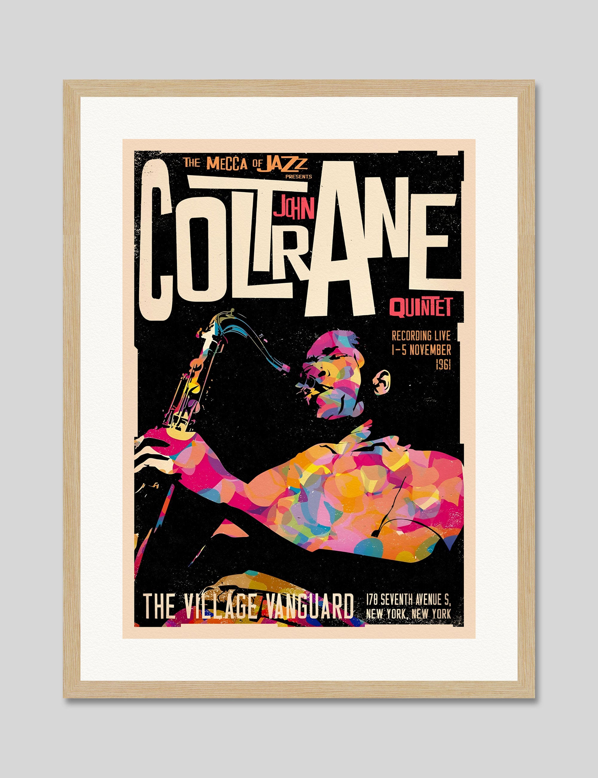 John Coltrane Quartet The Village Vanguard by Mecca of Jazz Art Print in Natural Frame