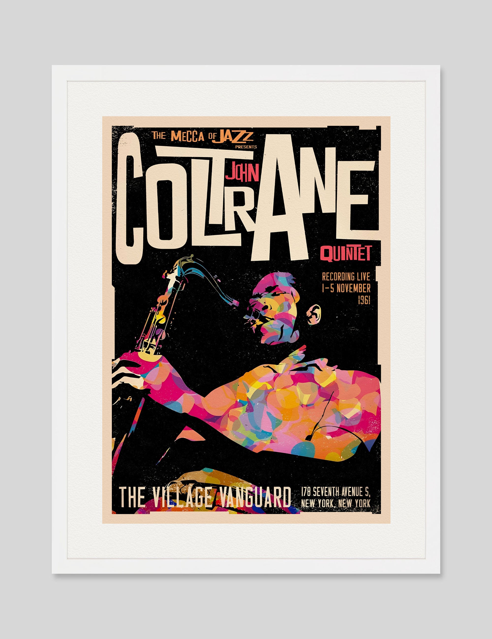 John Coltrane Quartet The Village Vanguard by Mecca of Jazz Art Print in White Frame