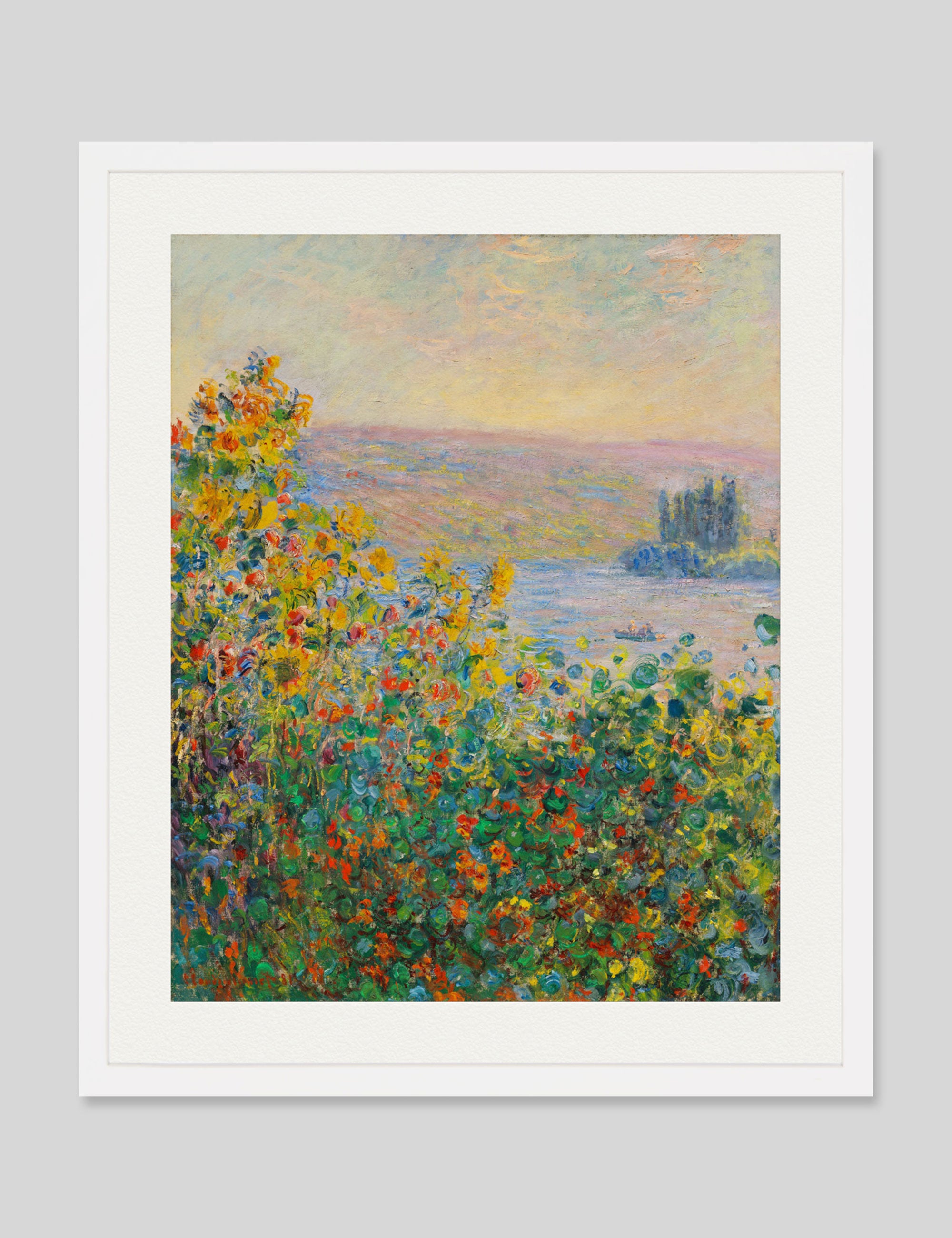Flower Beds at Vétheuil by Claude Monet Art Print in White Frame
