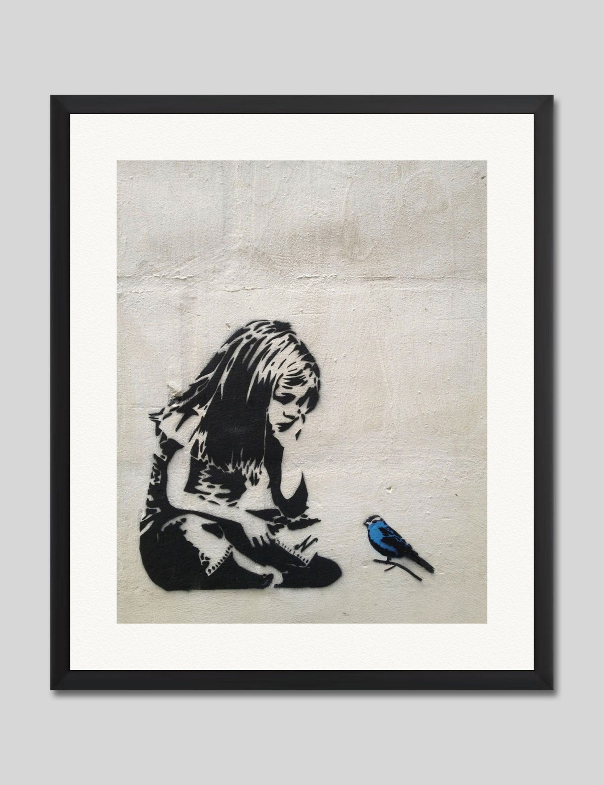 Girl With Blue Bird by Banksy Art Print in Black Frame