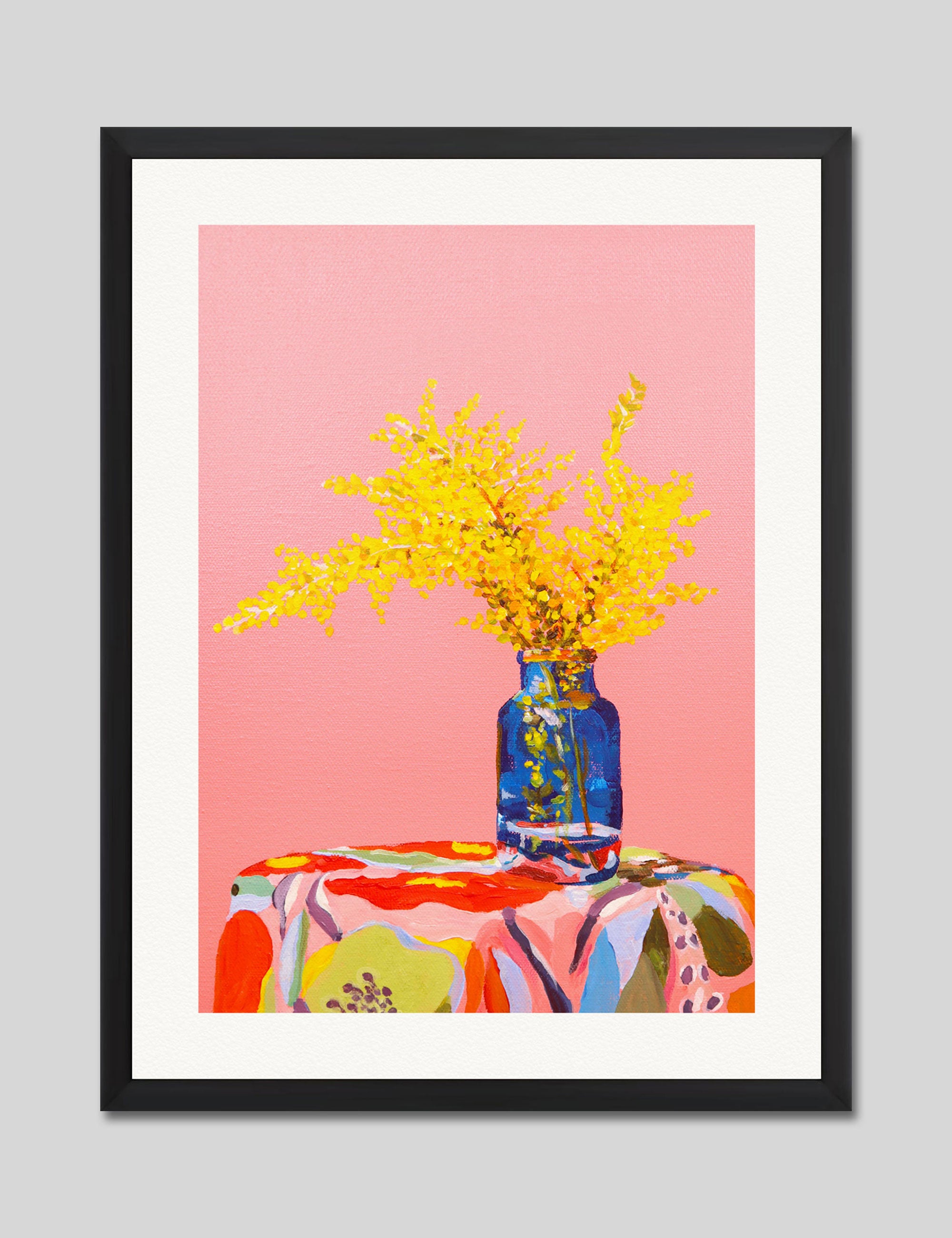 Pink Wattle Still Life by Julia Ockert Art Print in Black Frame