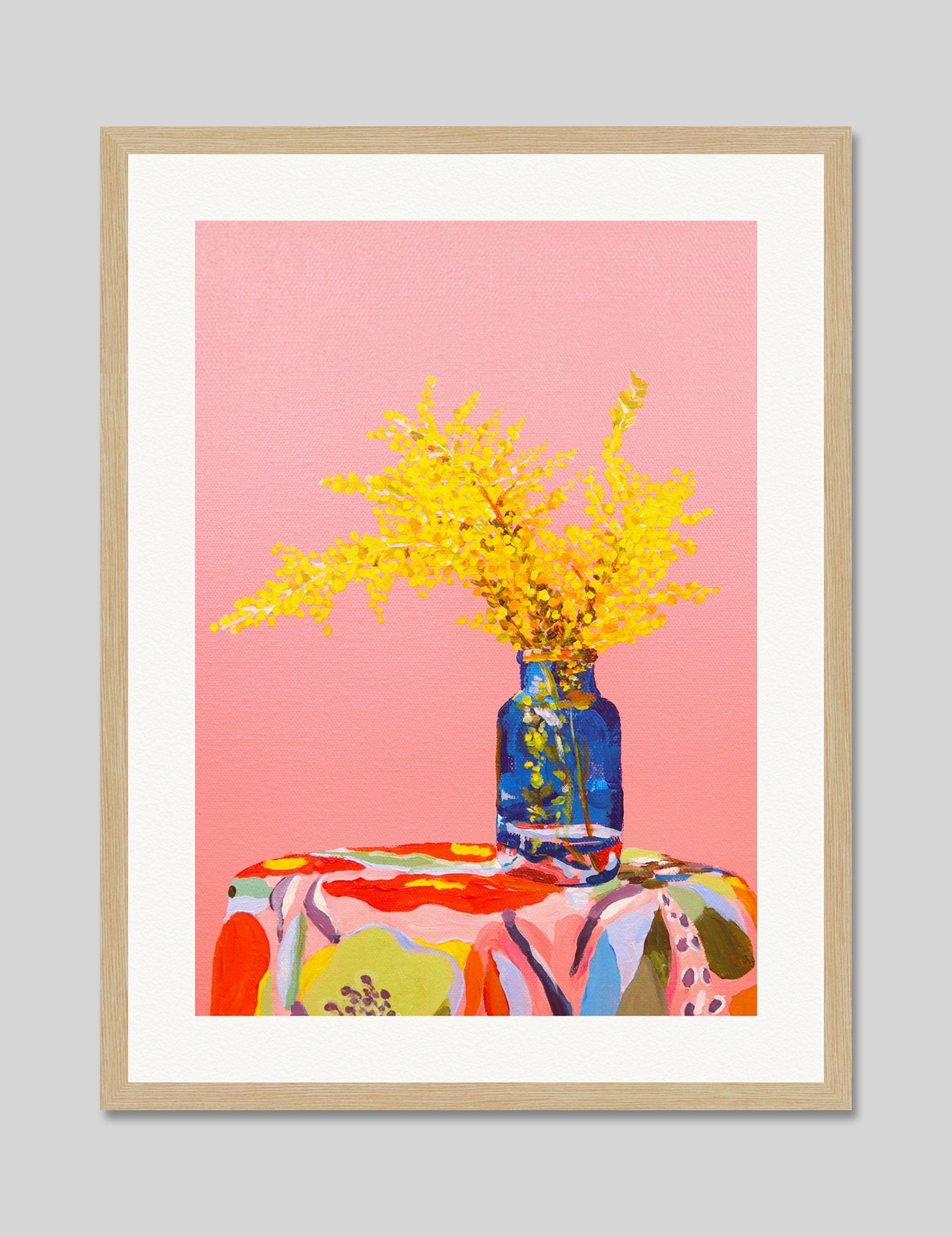Pink Wattle Still Life by Julia Ockert Art Print in Natural Frame
