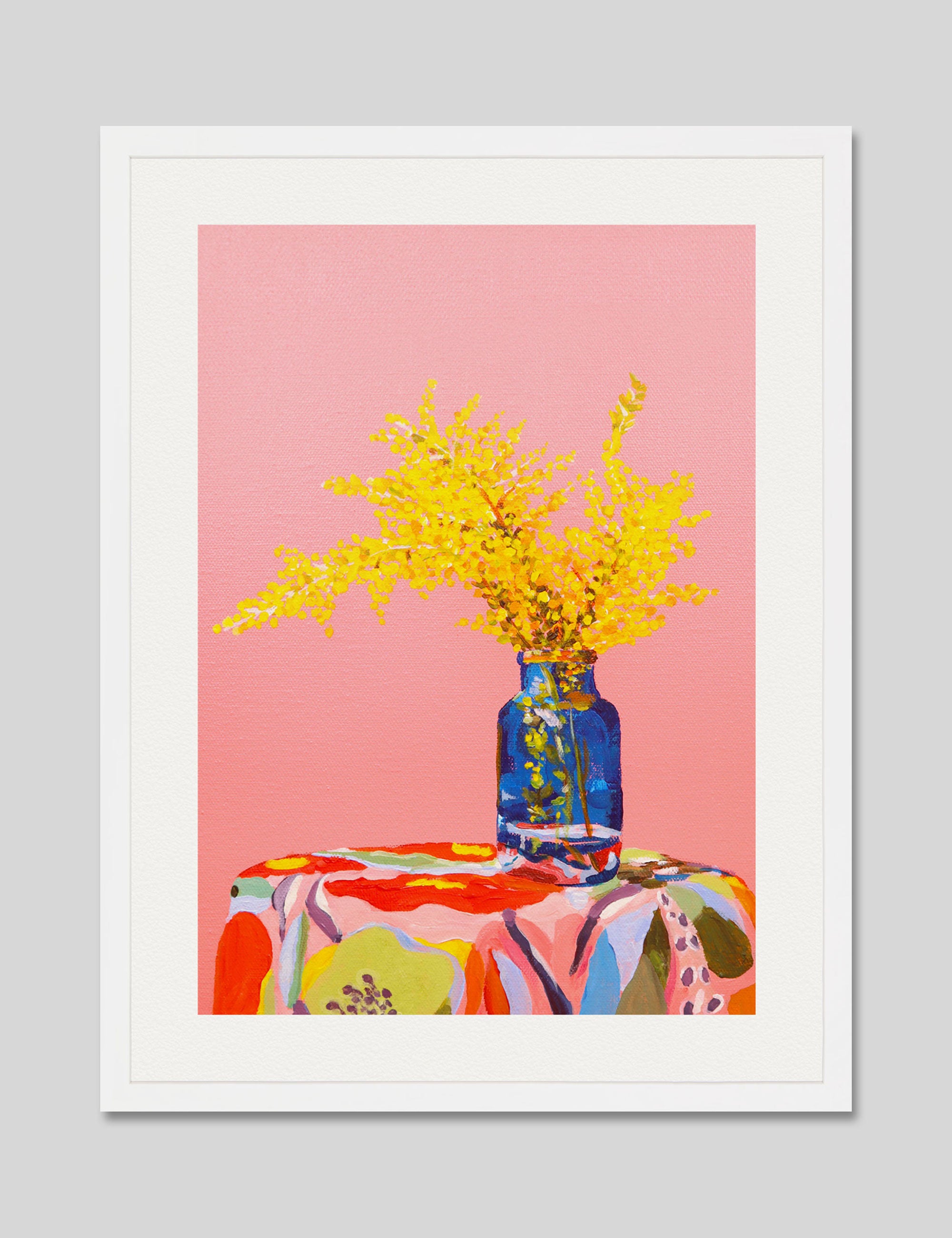 Pink Wattle Still Life by Julia Ockert Art Print in White Frame
