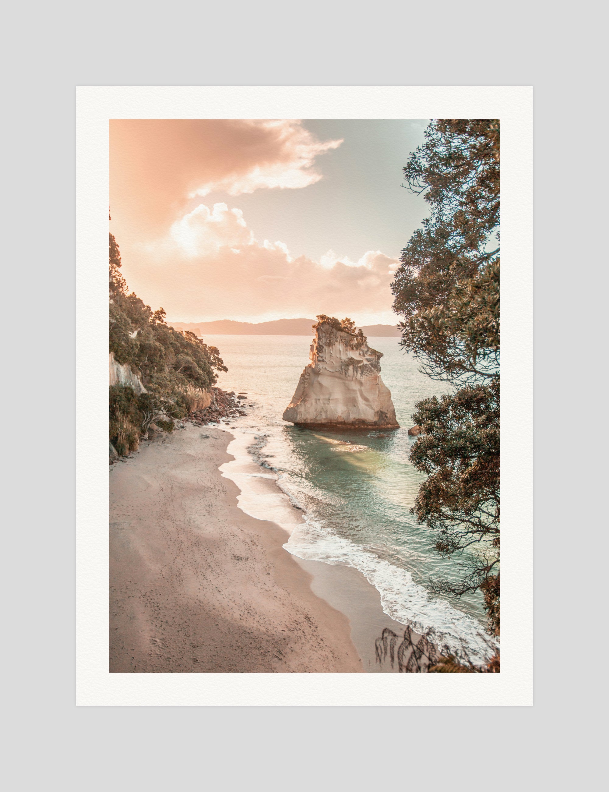 Zac Harris Cathedral Cove Sunset gallery quality art print produced using 100% cotton rag textured art paper and pigment based archival inks in New Zealand.
