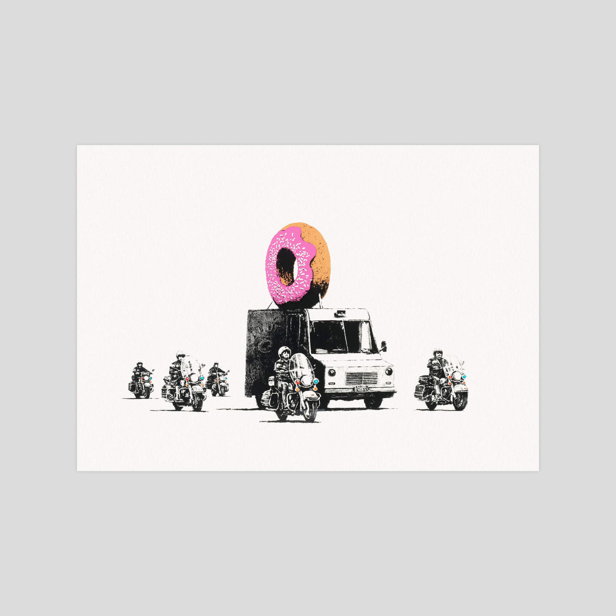 Banksy Donut gallery quality art print produced using 100% cotton rag textured art paper and pigment based archival inks in New Zealand.