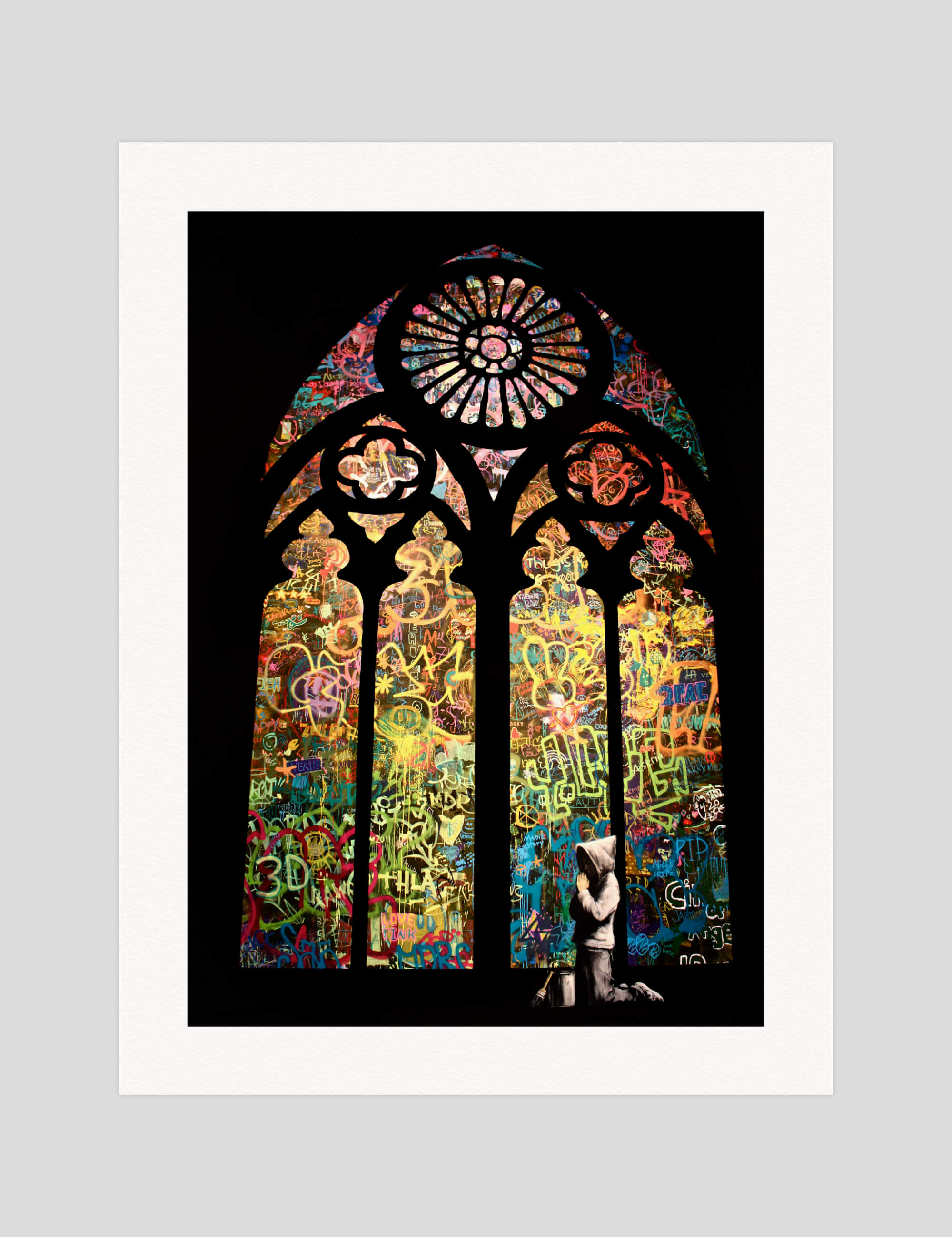 Banksy Forgive Us Our Trespassing gallery quality art print produced using 100% cotton rag textured art paper and pigment based archival inks in New Zealand.