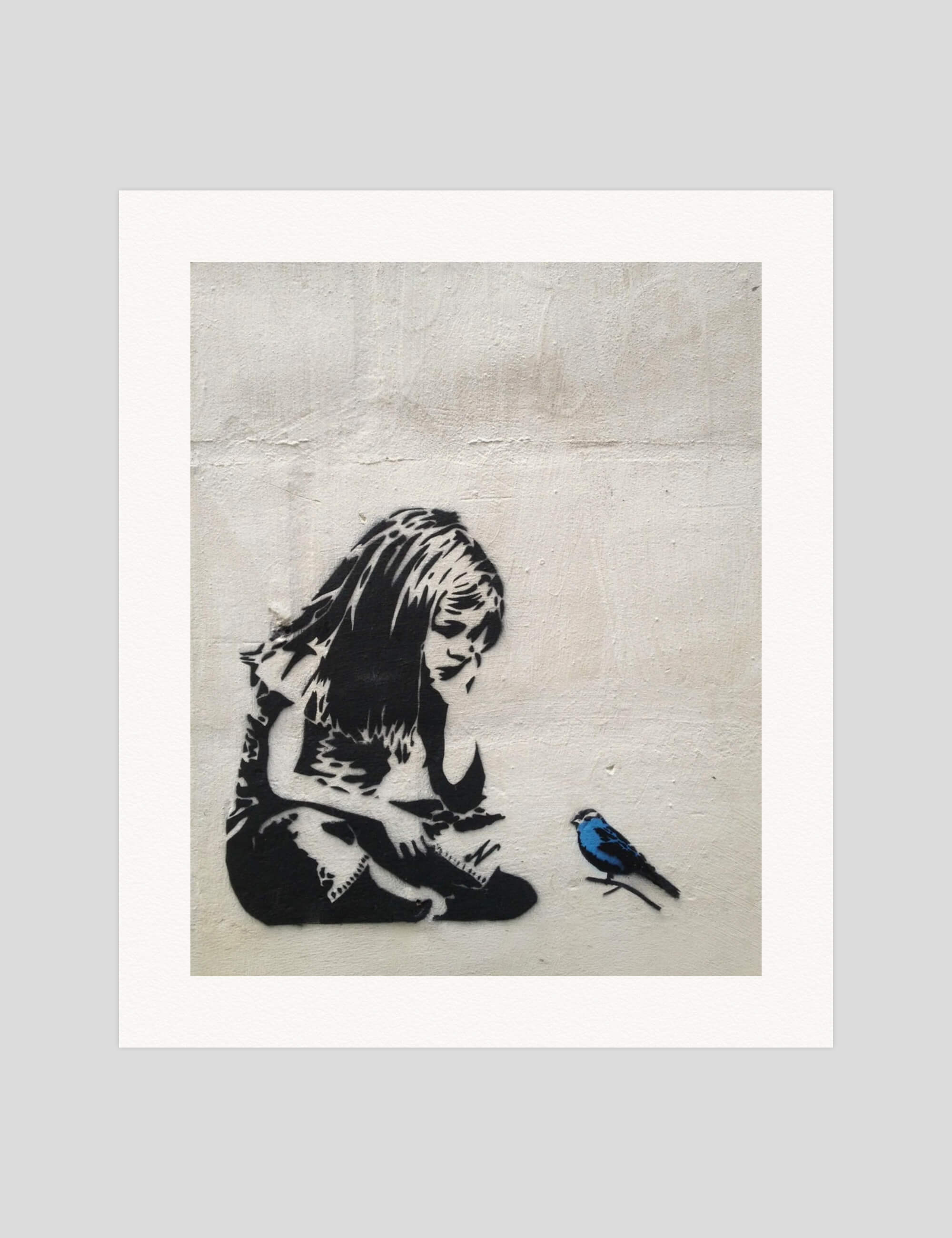 Banksy Girl With Blue Bird gallery quality art print produced using 100% cotton rag textured art paper and pigment based archival inks in New Zealand.