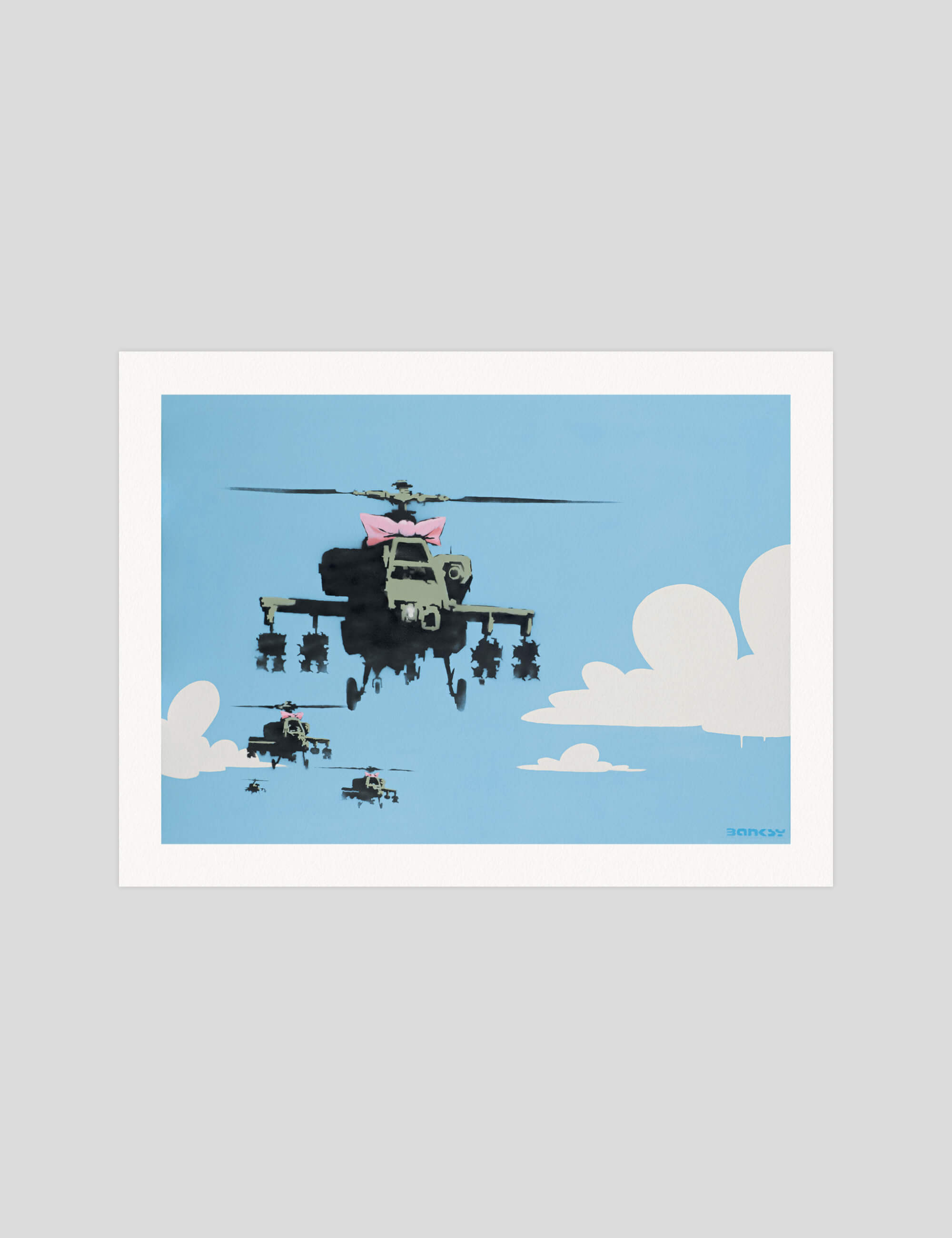 Banksy Happy Choppers gallery quality art print produced using 100% cotton rag textured art paper and pigment based archival inks in New Zealand.