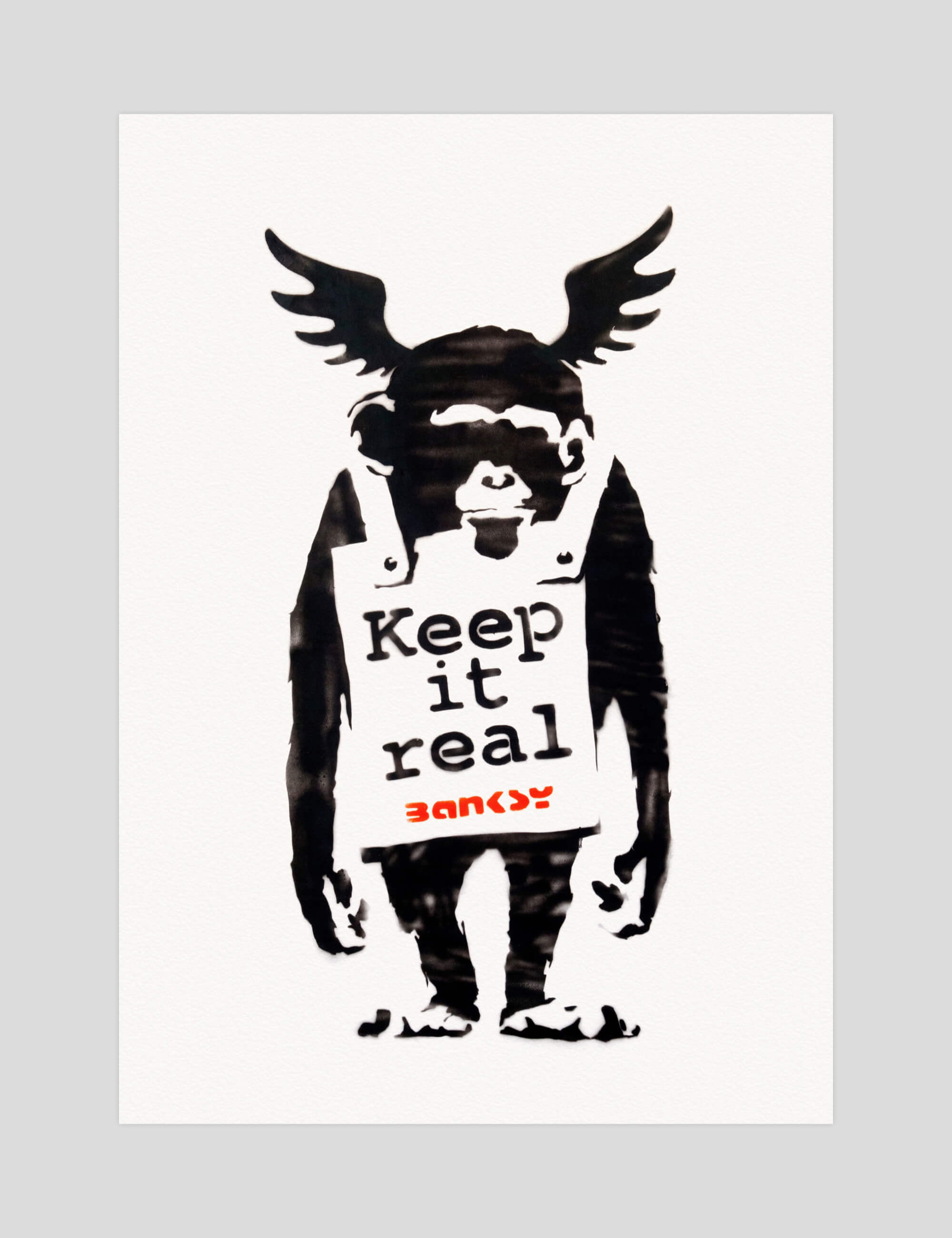 Banksy Keep It Real Monkey gallery quality art print produced using 100% cotton rag textured art paper and pigment based archival inks in New Zealand.