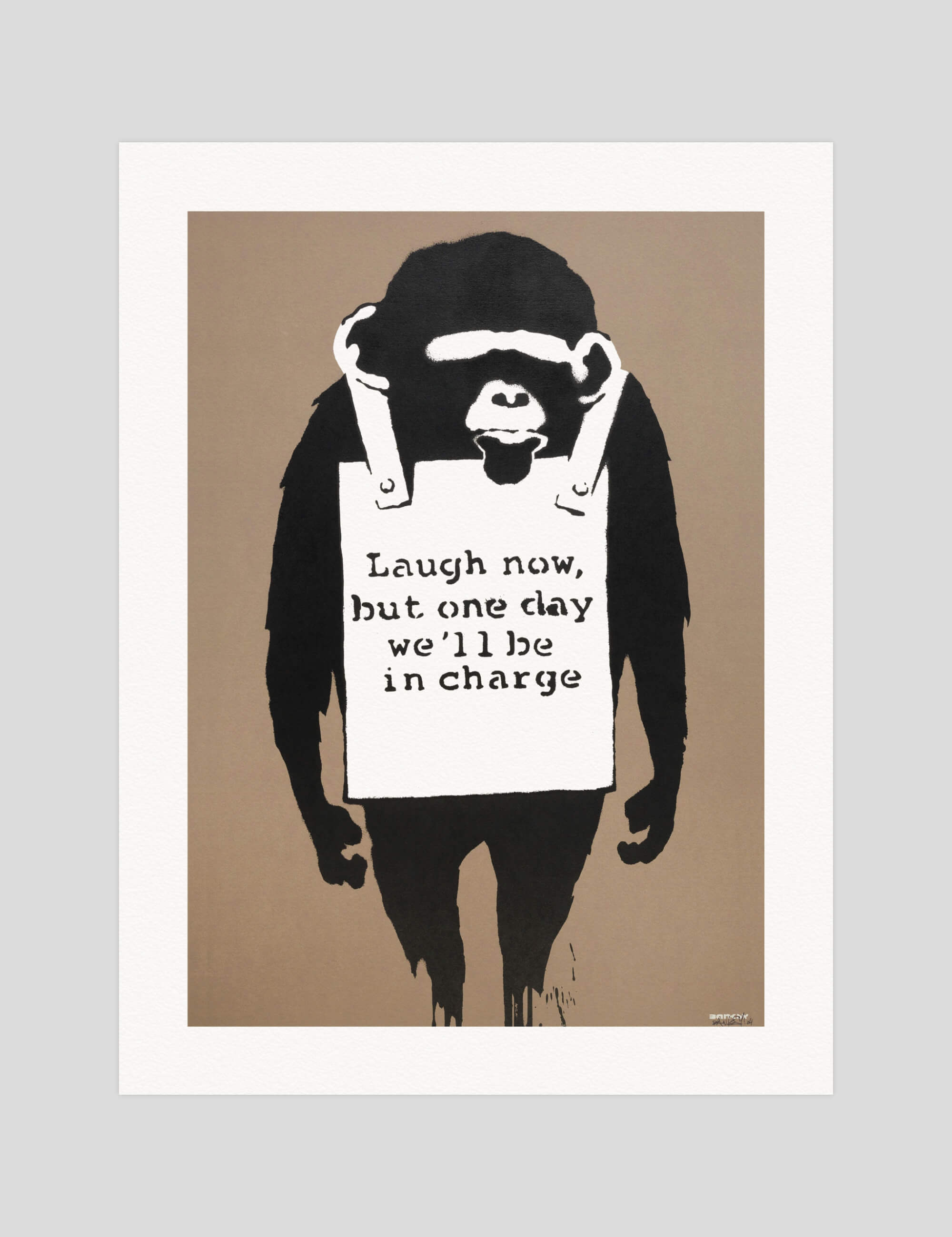 Banksy Laugh Now Monkey gallery quality art print produced using 100% cotton rag textured art paper and pigment based archival inks in New Zealand.