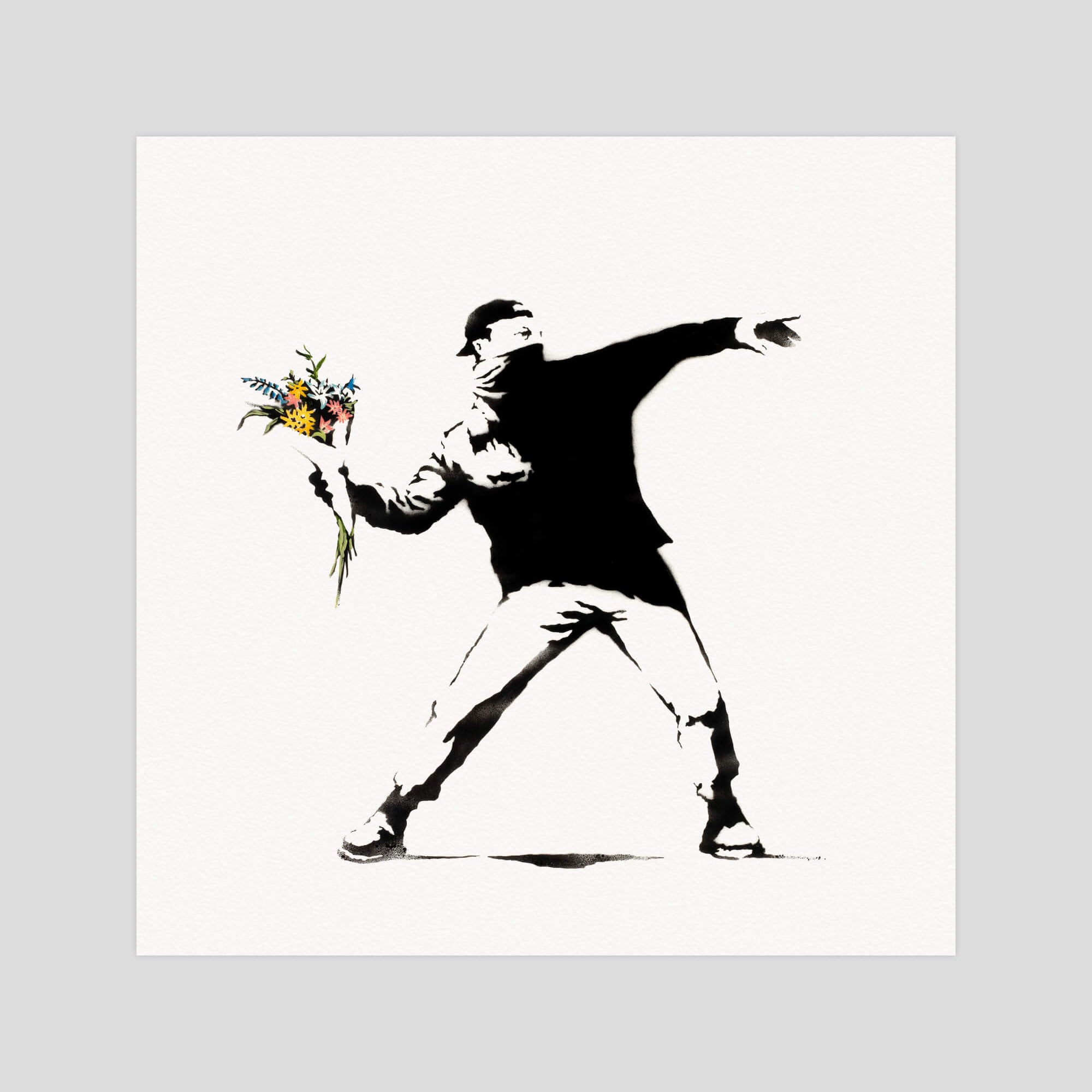 Banksy Love Is In The Air gallery quality art print produced using 100% cotton rag textured art paper and pigment based archival inks in New Zealand.