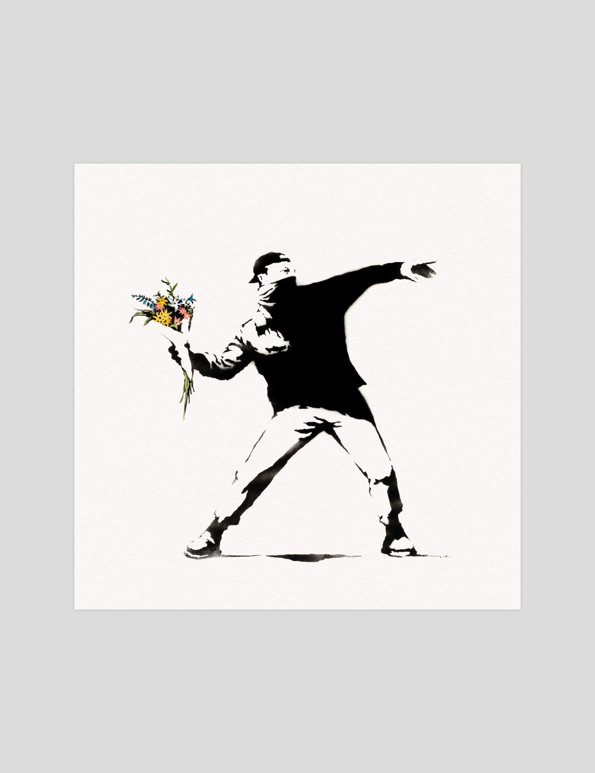 Banksy Love Is In The Air gallery quality art print produced using 100% cotton rag textured art paper and pigment based archival inks in New Zealand.
