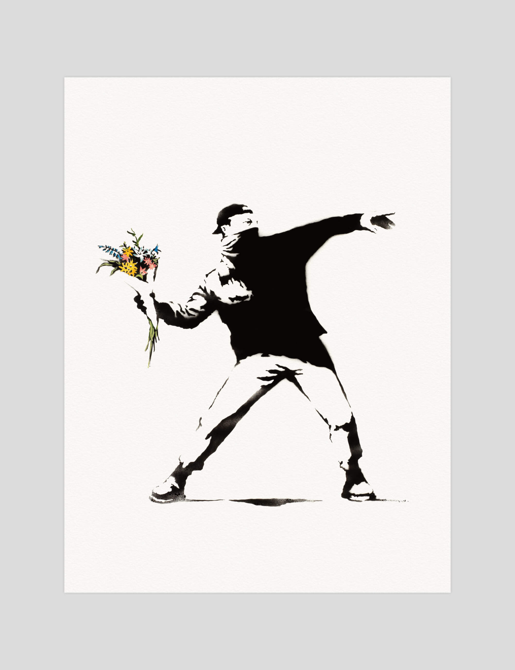 Banksy Love Is In The Air gallery quality art print produced using 100% cotton rag textured art paper and pigment based archival inks in New Zealand.