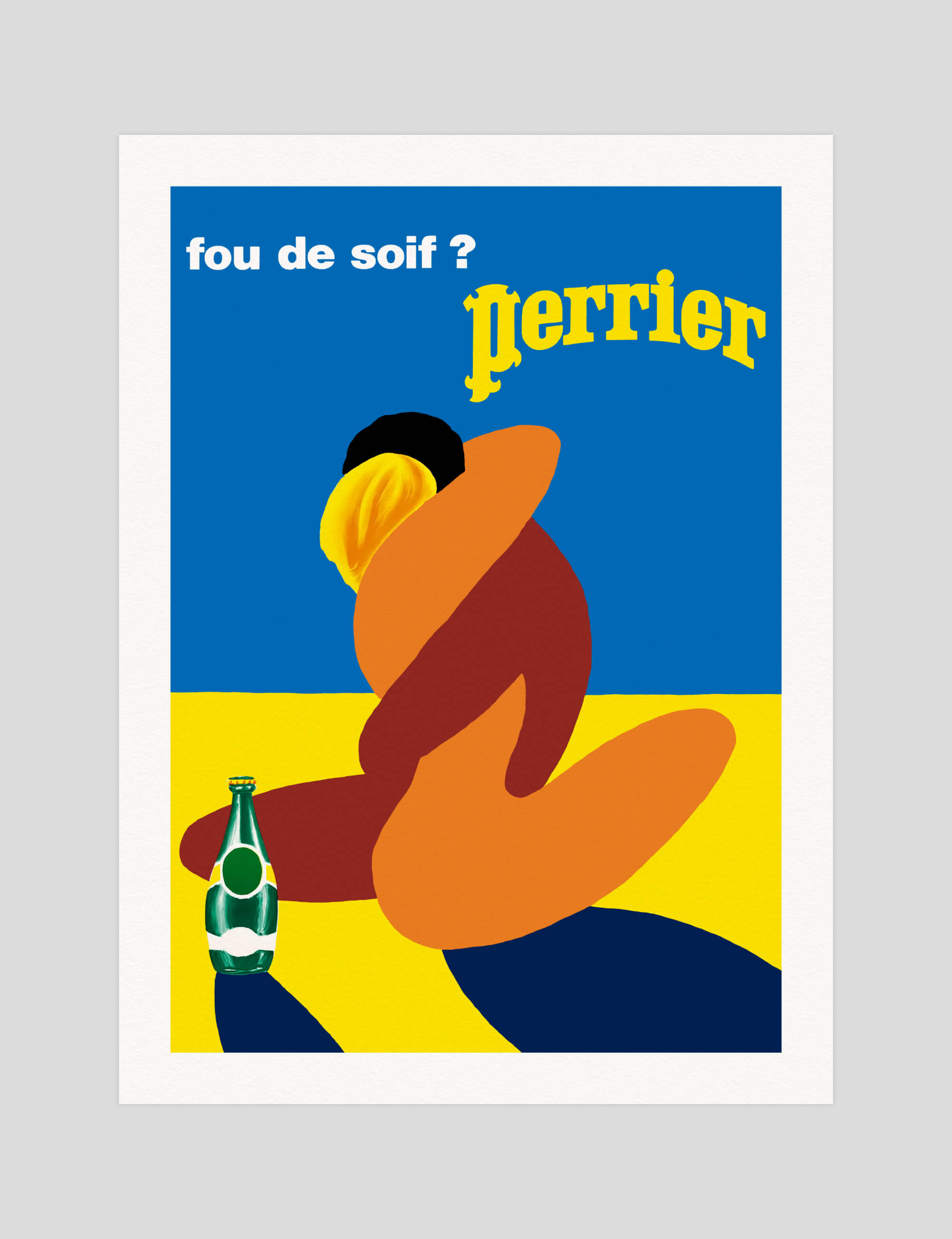 Bernard Villemot Perrier Fou De Soif gallery quality art print produced using 100% cotton rag textured art paper and pigment based archival inks in New Zealand.
