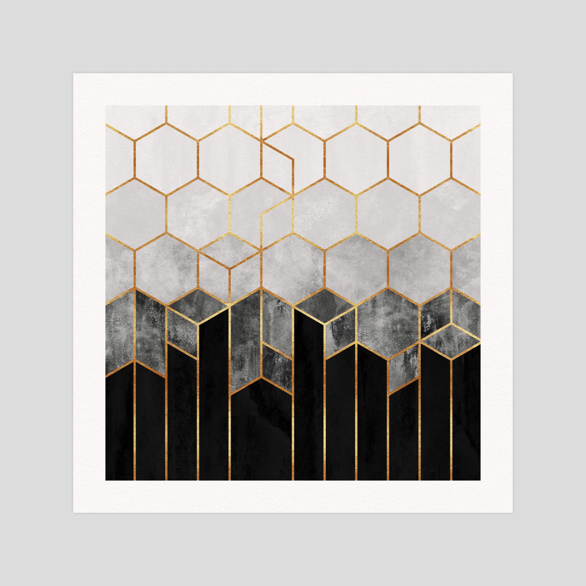 Elisabeth Fredriksson Charcoal Hexagons gallery quality art print produced using 100% cotton rag textured art paper and pigment based archival inks in New Zealand.