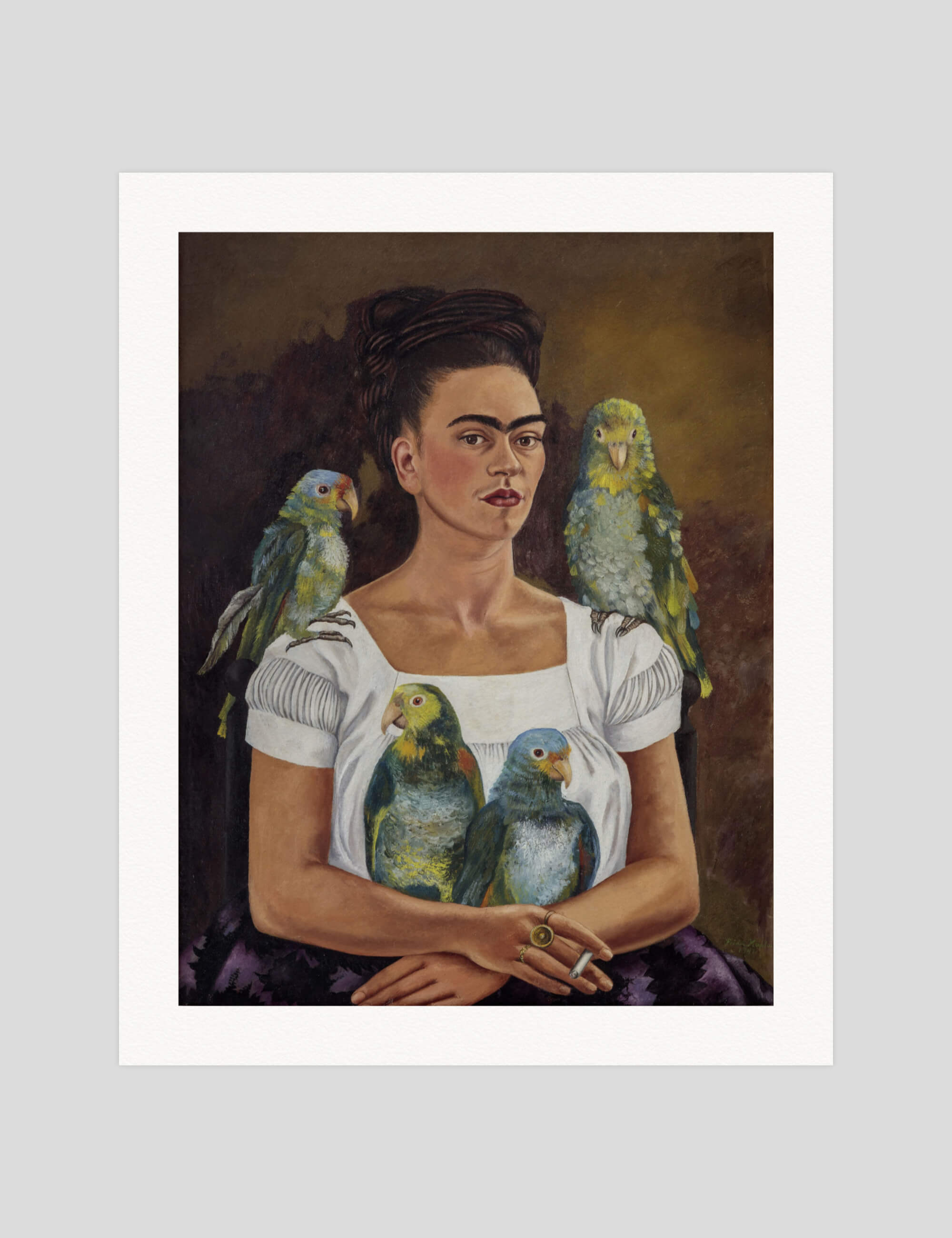 Frida Kahlo Me and My Parrots gallery quality art print produced using 100% cotton rag textured art paper and pigment based archival inks in New Zealand.
