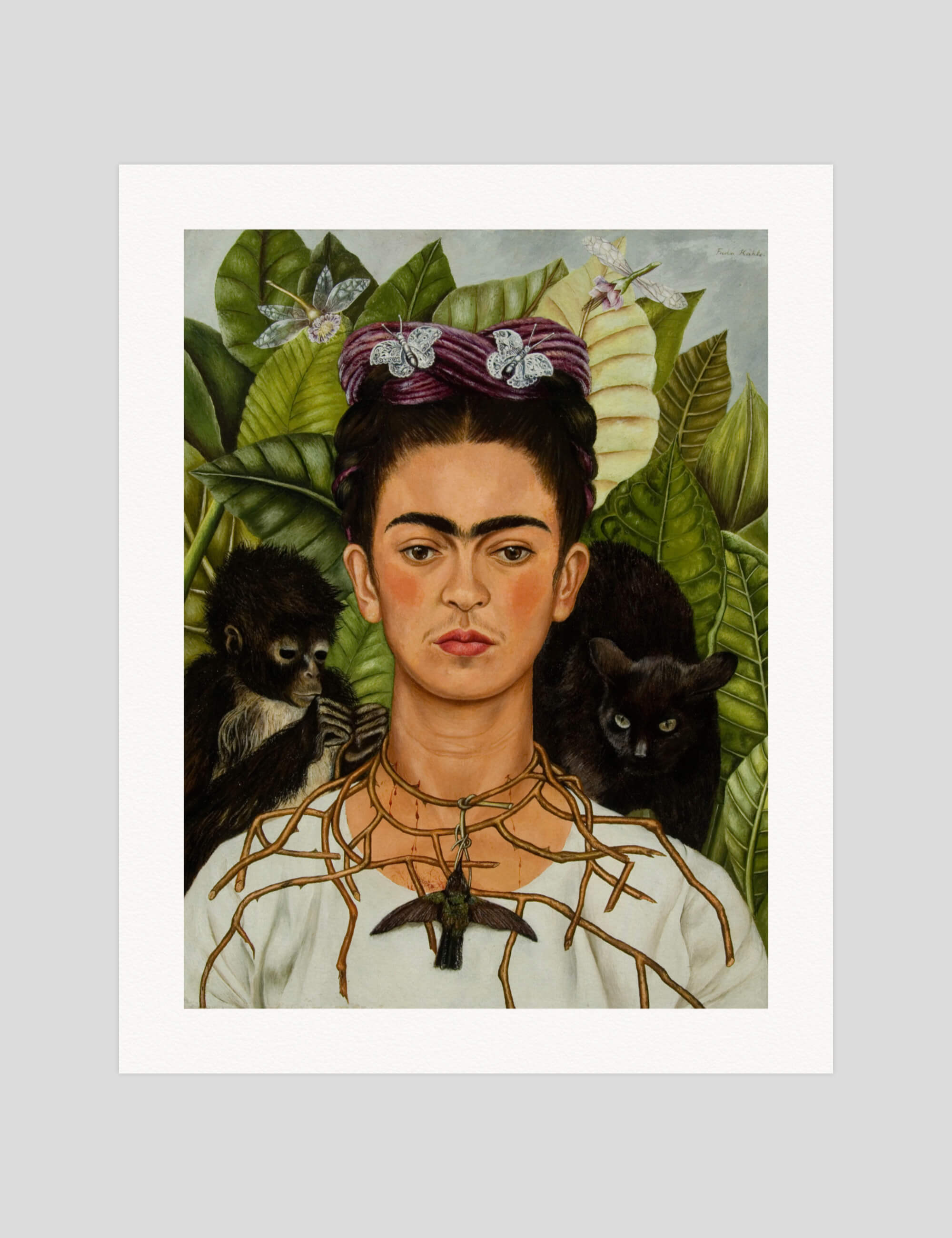 Frida Kahlo Self-Portrait with Thorn Necklace and Hummingbird gallery quality art print produced using 100% cotton rag textured art paper and pigment based archival inks in New Zealand.