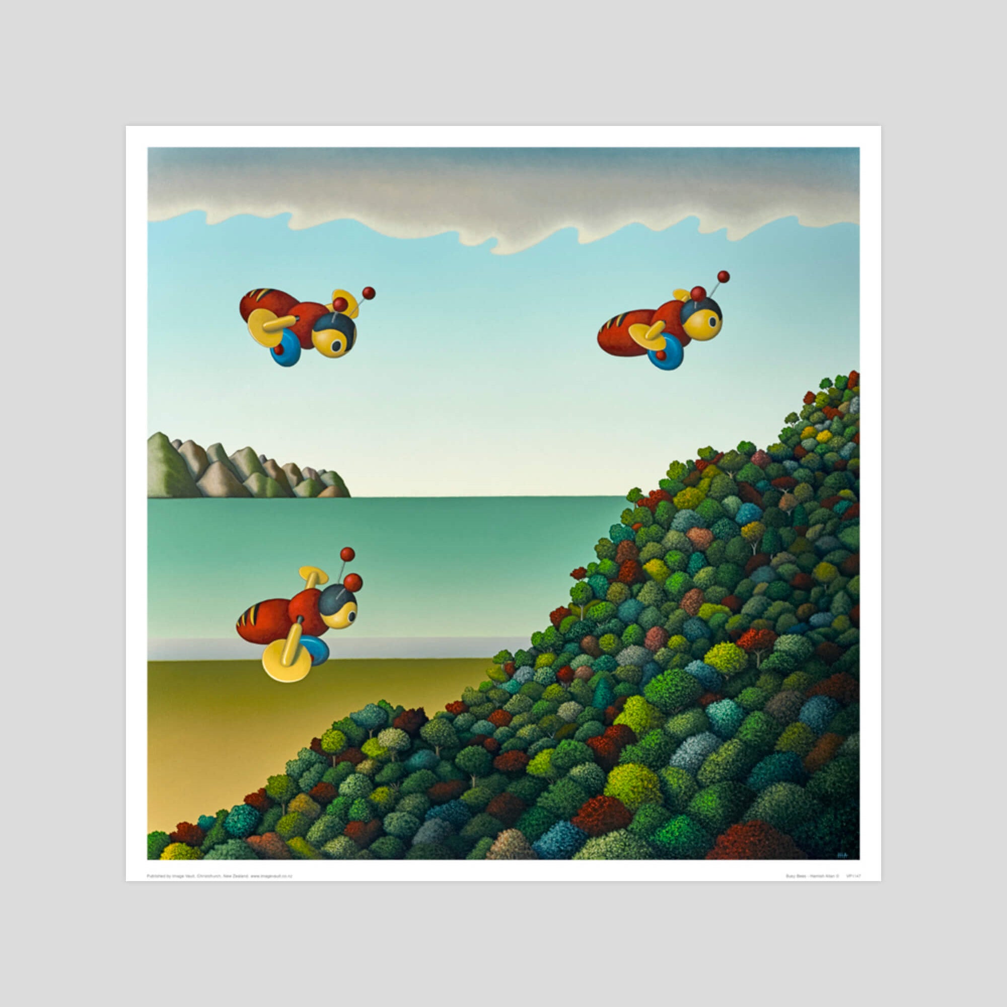 Hamish Allan Busy Bees gallery quality art print produced using 100% cotton rag textured art paper and pigment based archival inks in New Zealand.