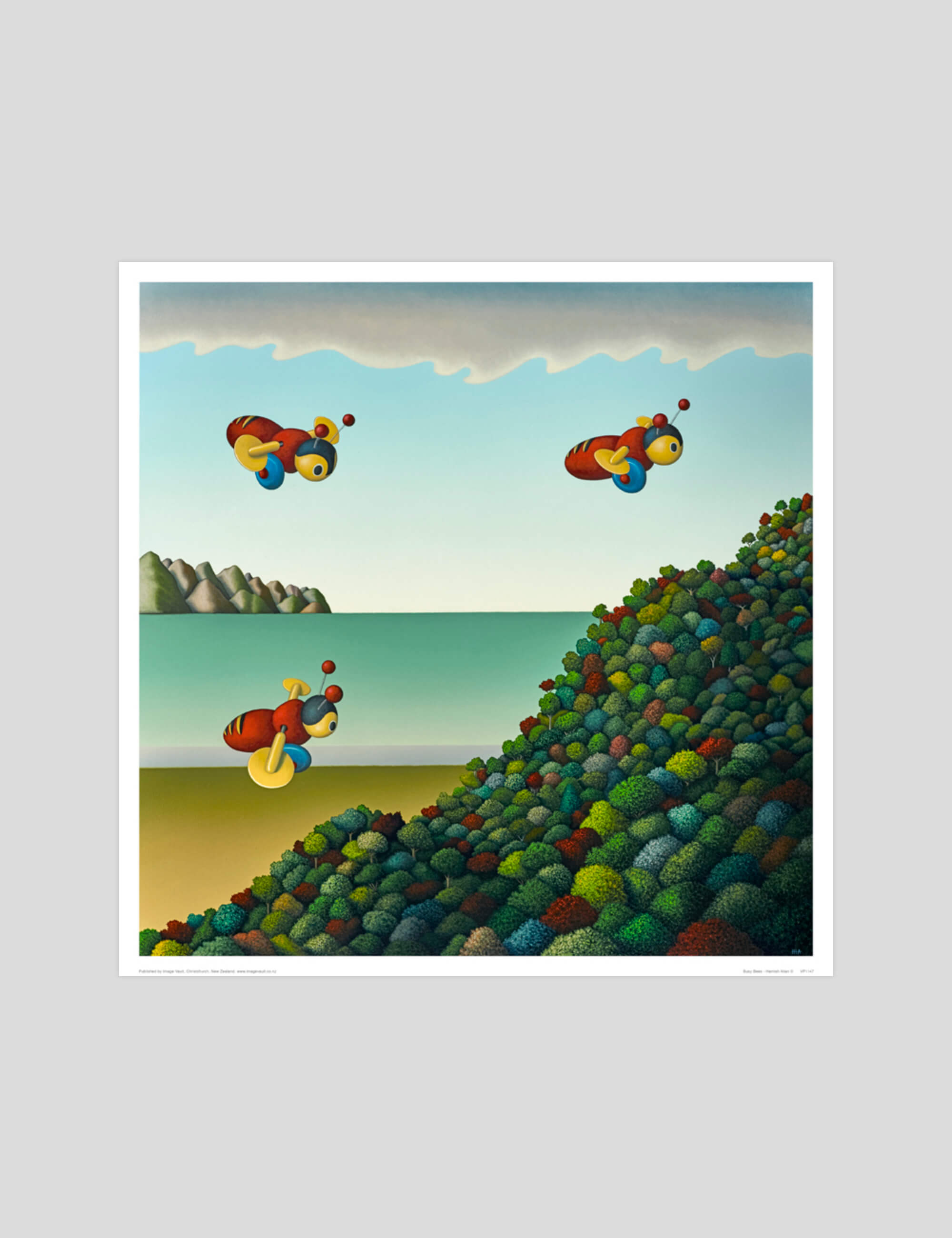 Hamish Allan Busy Bees gallery quality art print produced using 100% cotton rag textured art paper and pigment based archival inks in New Zealand.