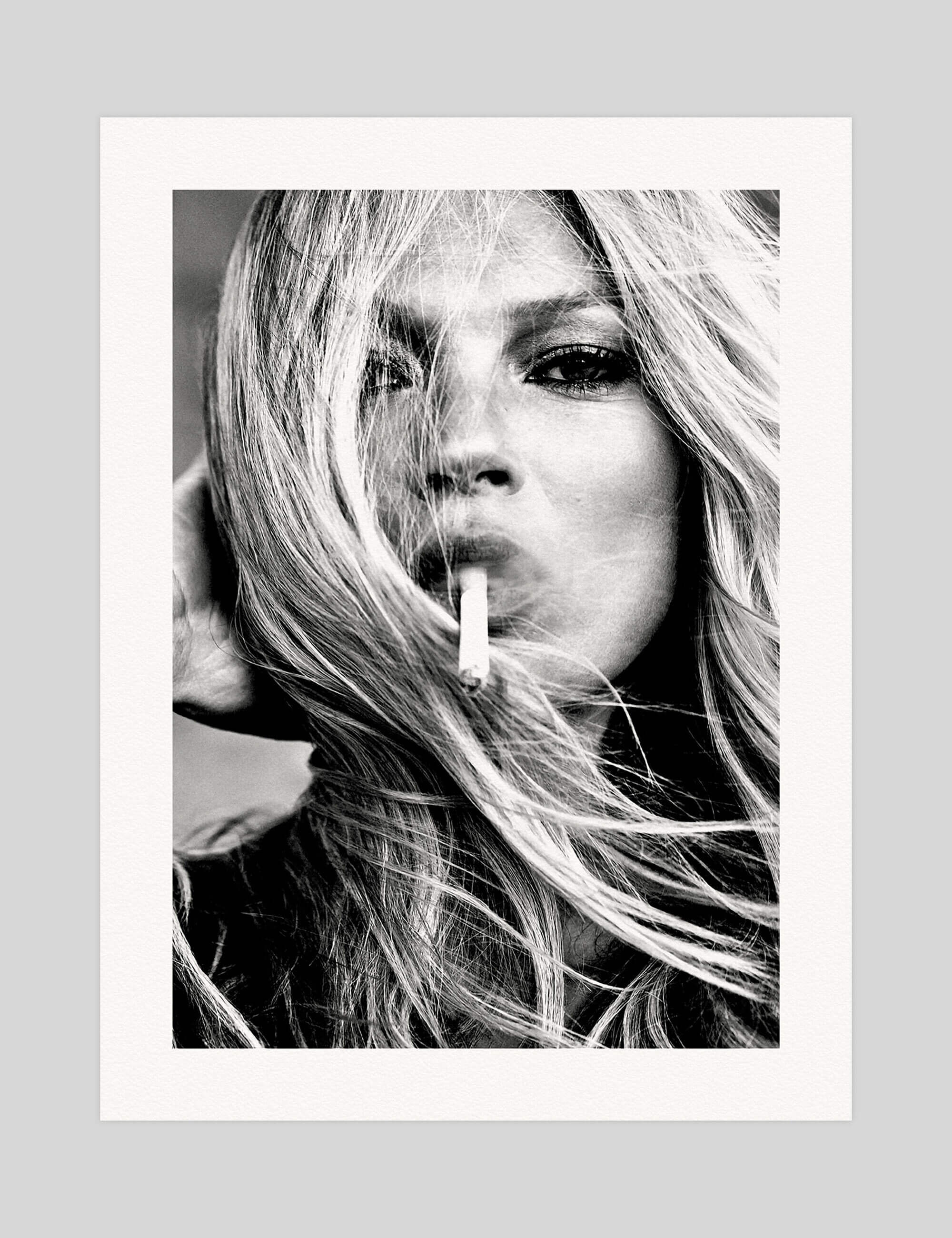 Kate Moss Smoking gallery quality art print produced using 100% cotton rag textured art paper and pigment based archival inks in New Zealand.