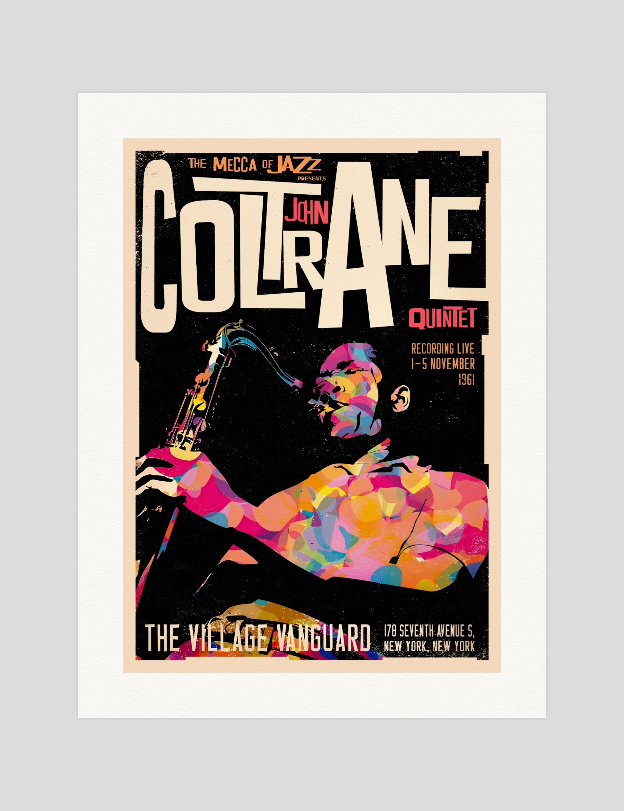 Mecca of Jazz John Coltrane Quartet The Village Vanguard gallery quality art print produced using 100% cotton rag textured art paper and pigment based archival inks in New Zealand.