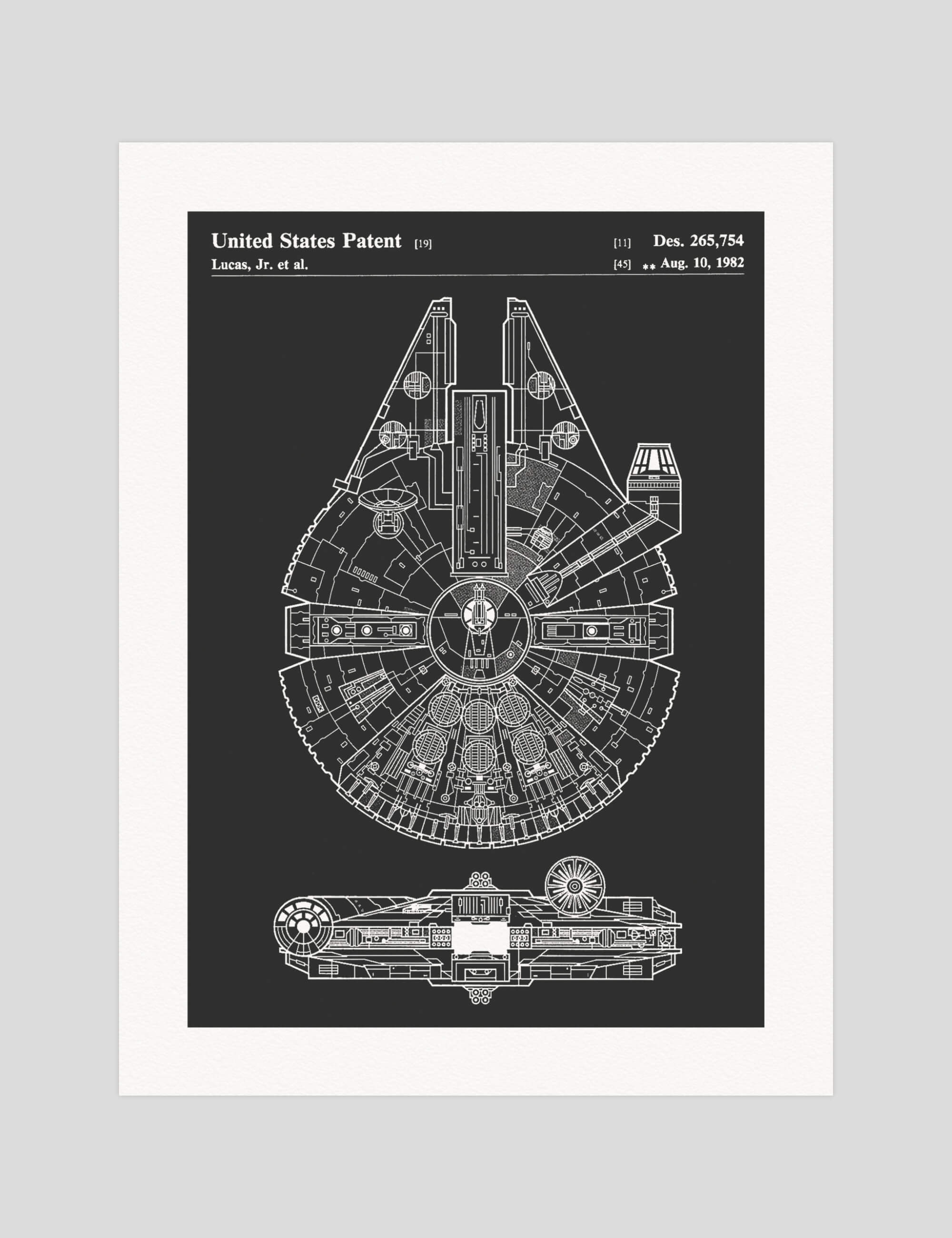 Millennium Falcon Patent gallery quality art print produced using 100% cotton rag textured art paper and pigment based archival inks in New Zealand.