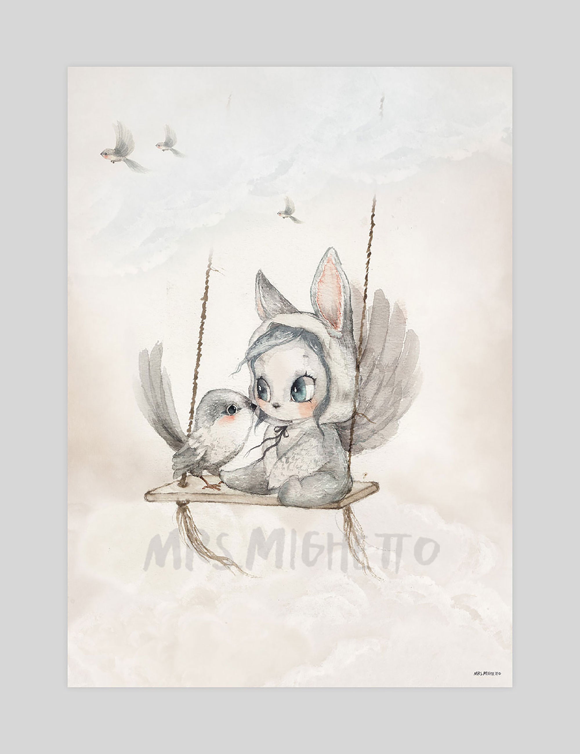 Mrs Mighetto Mini Bird Master gallery quality art print produced using 100% cotton rag textured art paper and pigment based archival inks in New Zealand.
