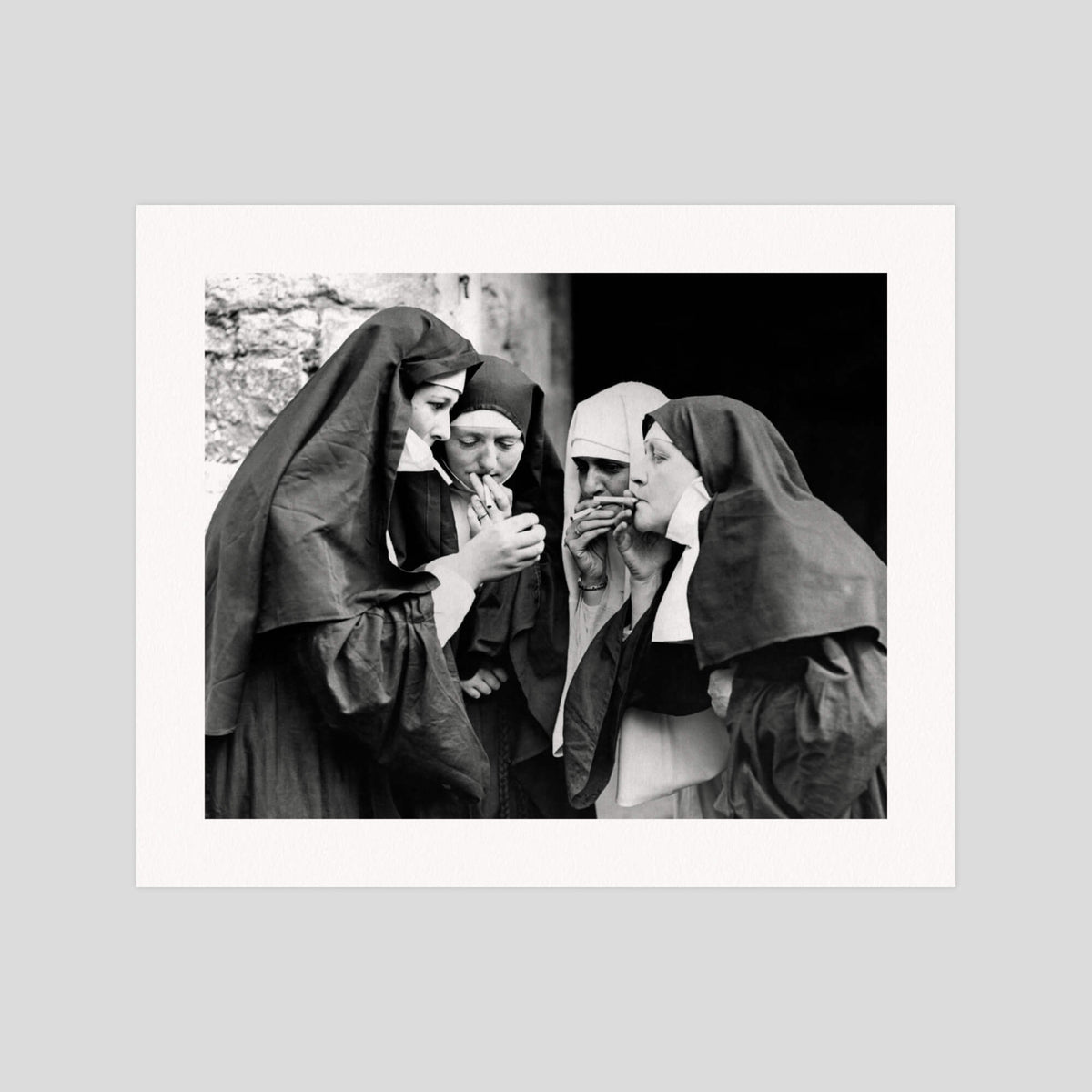 Nuns Smoking gallery quality art print produced using 100% cotton rag textured art paper and pigment based archival inks in New Zealand.
