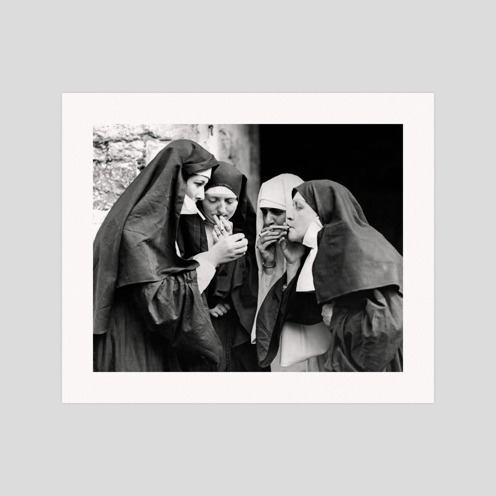 Nuns Smoking gallery quality art print produced using 100% cotton rag textured art paper and pigment based archival inks in New Zealand.