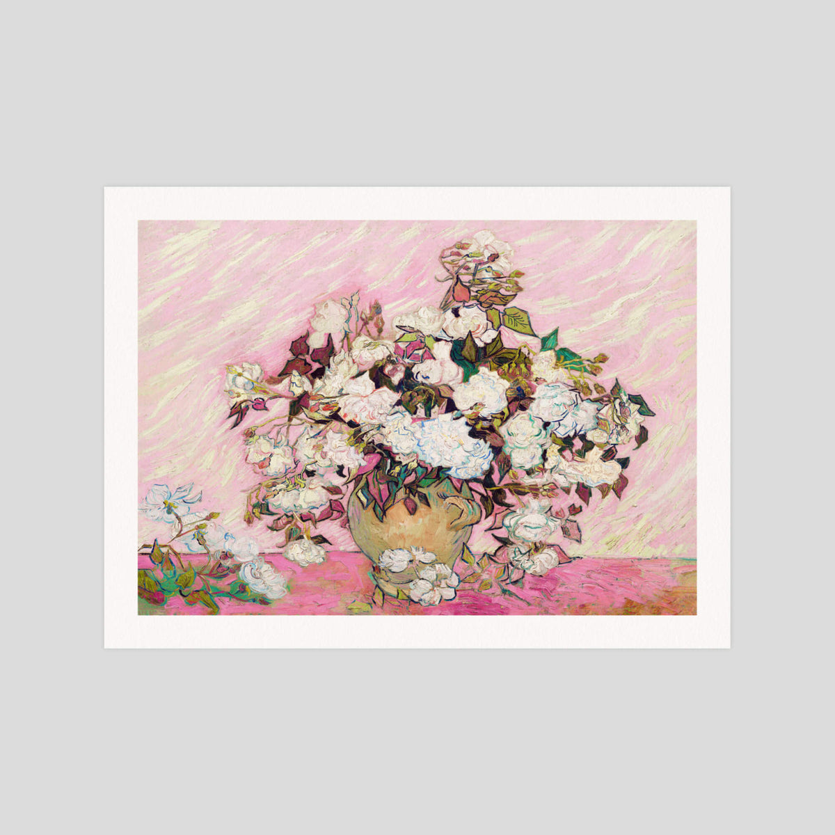 Vincent van gogh Pink Roses in a Vase gallery quality art print produced using 100% cotton rag textured art paper and pigment based archival inks in New Zealand.