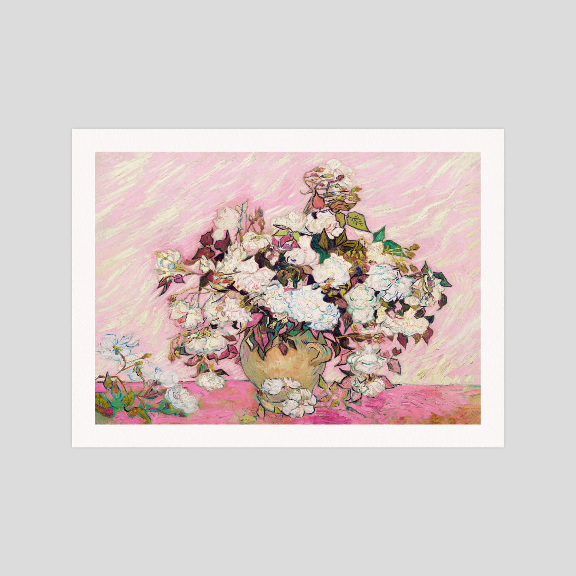 Vincent van gogh Pink Roses in a Vase gallery quality art print produced using 100% cotton rag textured art paper and pigment based archival inks in New Zealand.