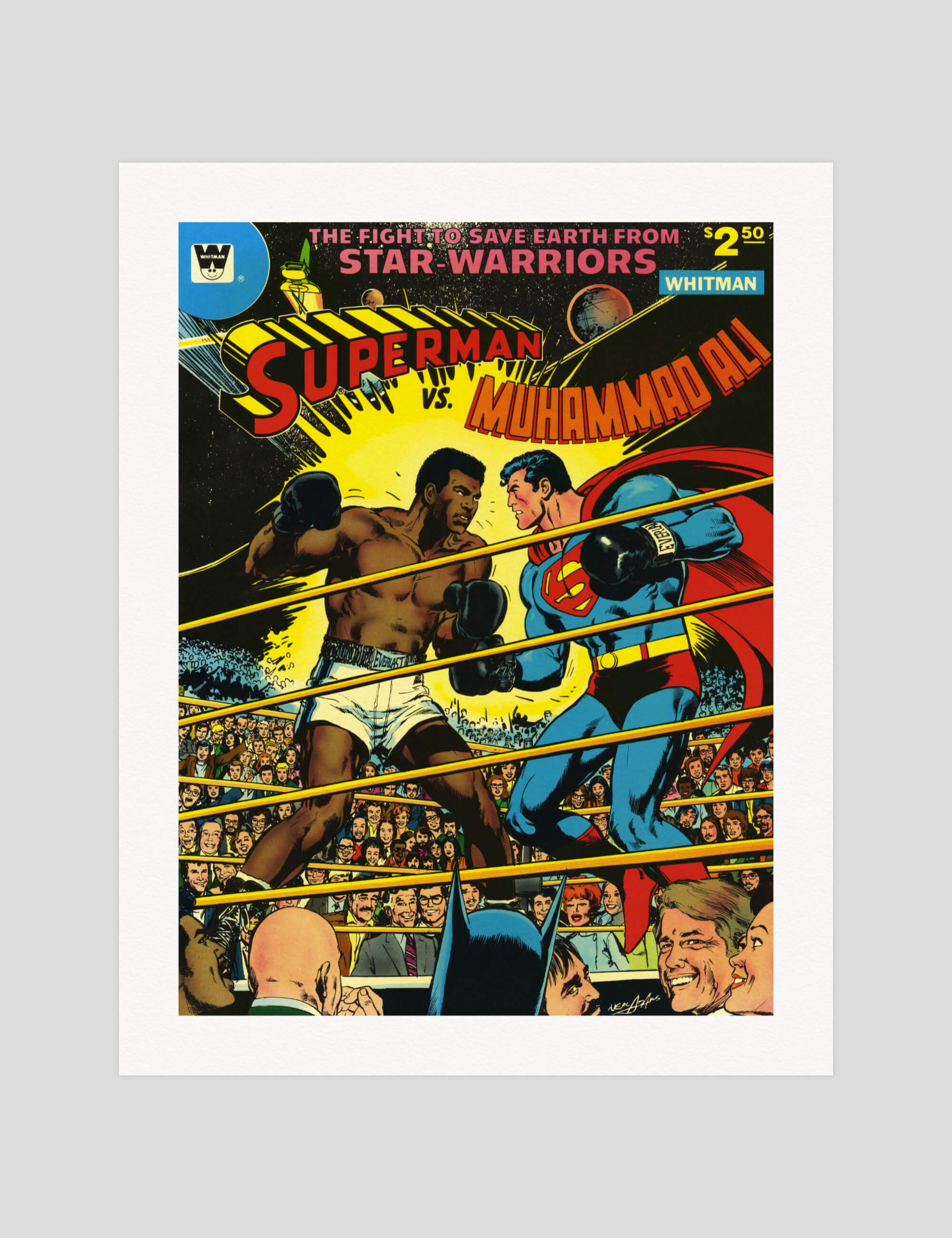 Superman vs Muhammad Ali gallery quality art print produced using 100% cotton rag textured art paper and pigment based archival inks in New Zealand.