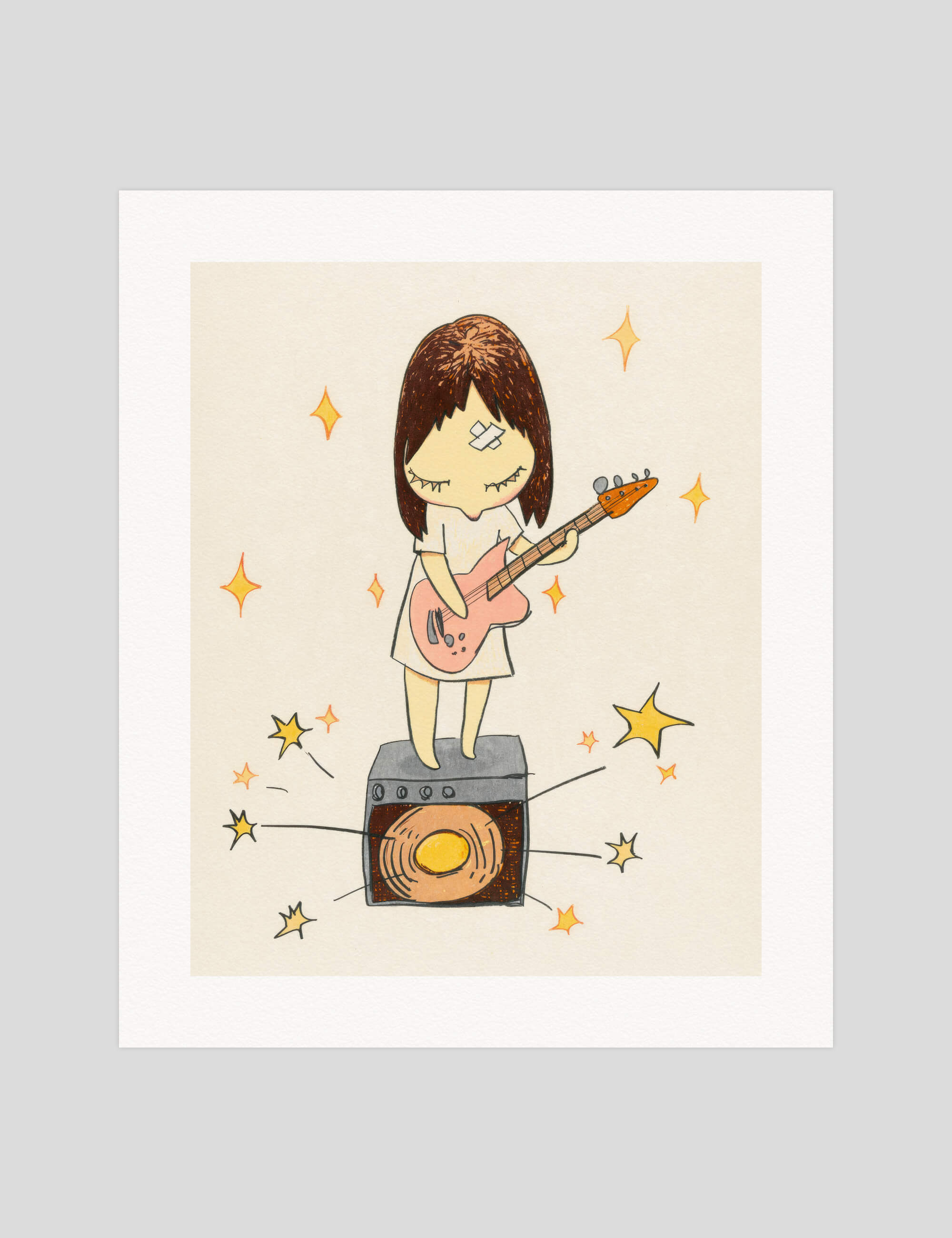 Yoshitomo Nara Guitar Girl gallery quality art print produced using 100% cotton rag textured art paper and pigment based archival inks in New Zealand.