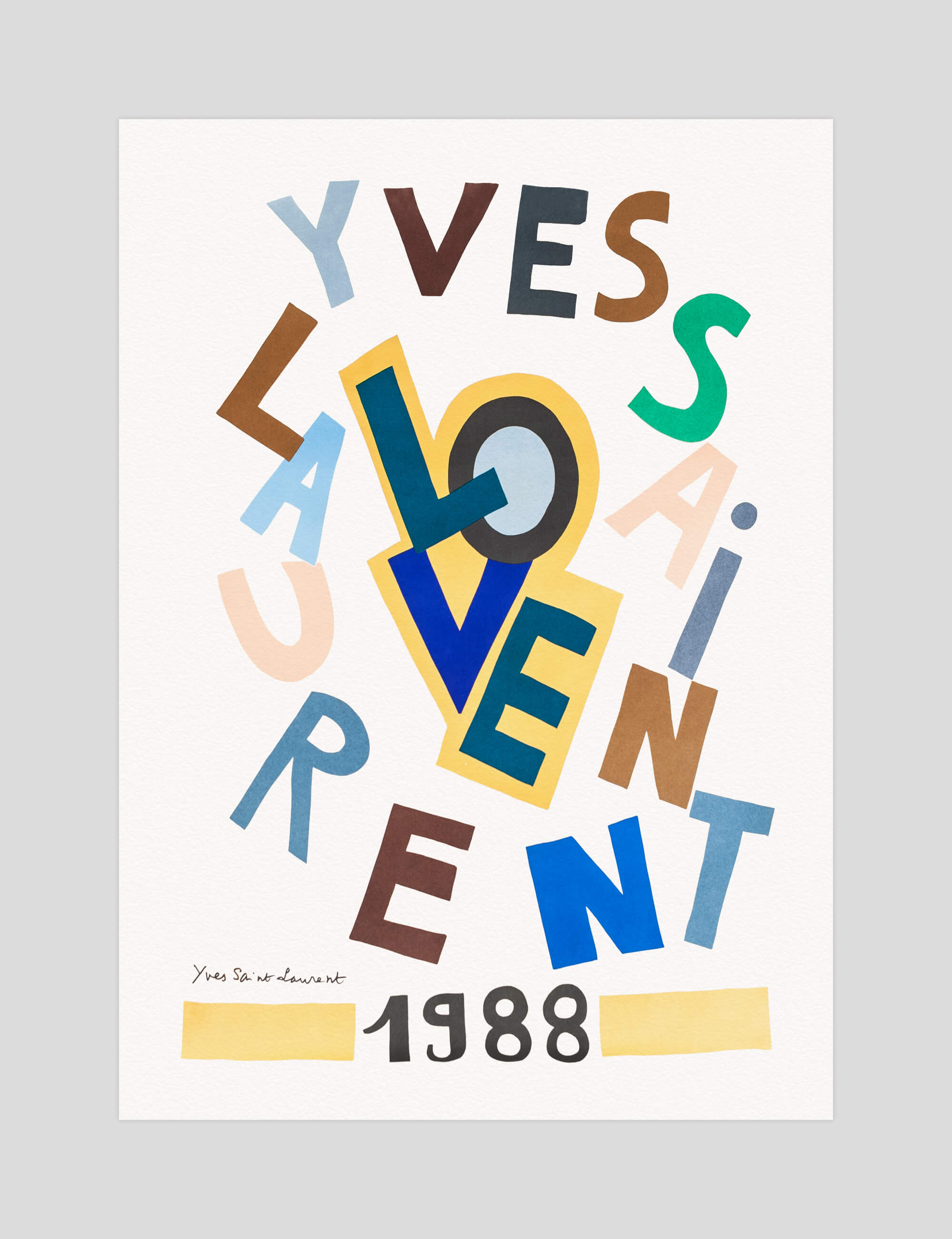 Yves Saint Laurent Love 1988 gallery quality art print produced using 100% cotton rag textured art paper and pigment based archival inks in New Zealand.